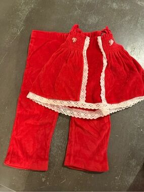 Vintage red Velvet Two-Piece Girls Set with White Lace